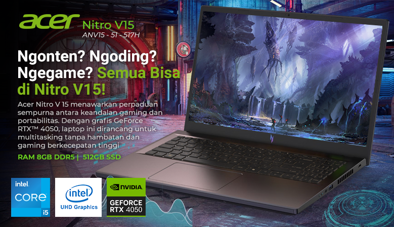 Acer Nitro V15 ANV15-51-517H with Intel i5-13420H and NVIDIA RTX4050 AND 8GB DDR5